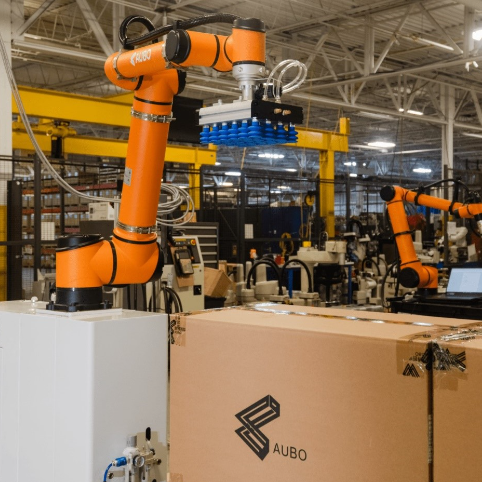 The AUBO Robotics USA palletizing station in a live environment