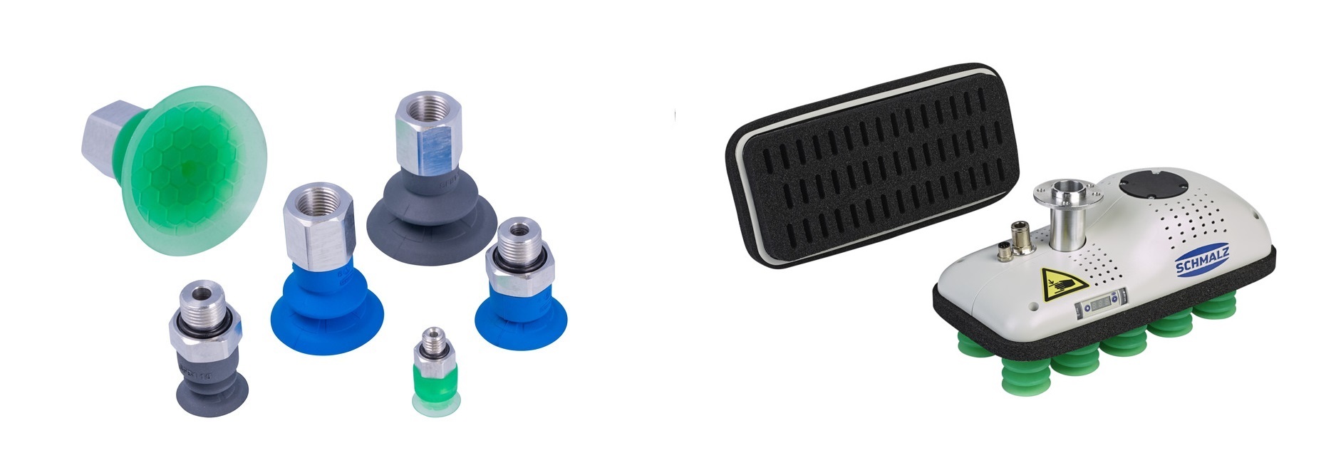 An assortment of vacuum cups (left) meant for a variety of different applications. An area gripper (right) with both foam pad and vacuum cup options shown. Photos from Schmalz.com